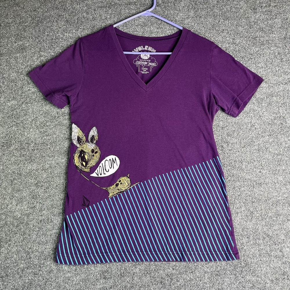 Y2K Volcom Alexandria Juarez Shirt Large Purple V-neck Short Sleeve Art Artist